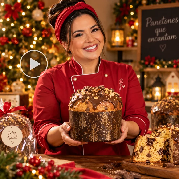 Capa do vídeo: confeiteira segurando um chocotone